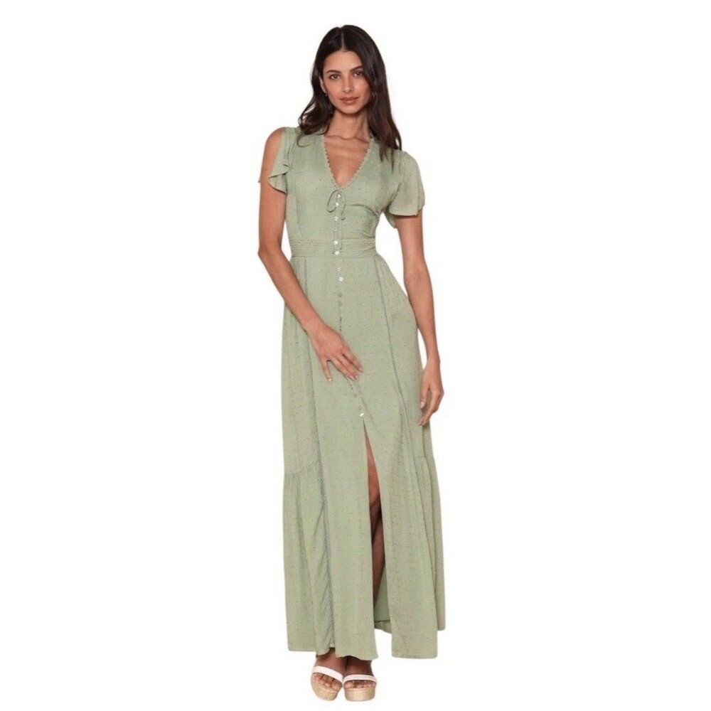NWT Lulus Completely In Love Swiss Dot Button-Front Maxi Dress Sage Green Sz m